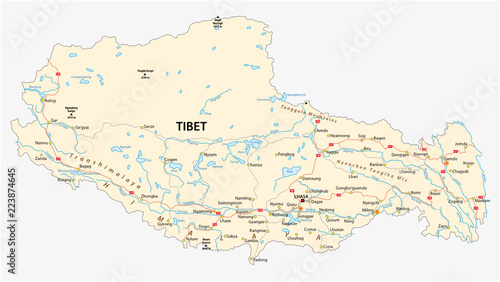 Tibet region with important cities and roads vector map