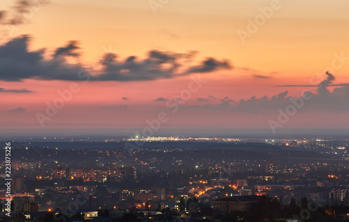 Crimea. Simferopol from a bird's-eye view in the rays of the setting sun. The city is in the backlight..