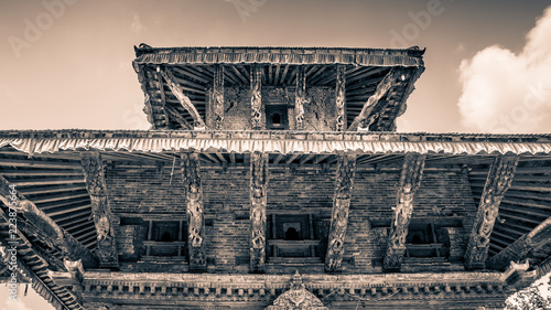 Kathmandu,Nepal, May 2, 2018 - .The roof with erotic carvings of Jagannath temple on Durbar square on Durbar Square (Basantapur Darbar Kshetra).