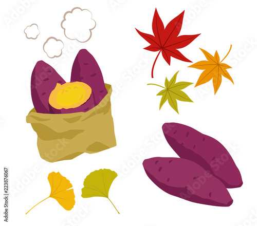 焼き芋と紅葉のイラストセット