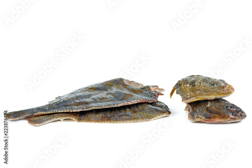 Diseboweled and beheaded fresh raw flatfish isolated on white background photo