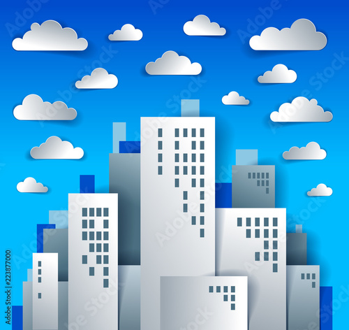 Cityscape cartoon vector illustration in paper cut kids application style  high city buildings real property houses and clouds in the sky.