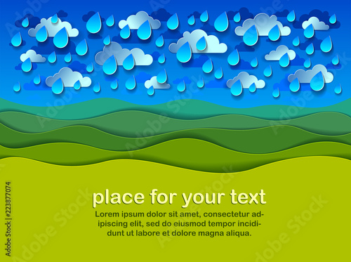 Scenic nature landscape of green grass meadow under rain drops cloudy rainy sky cartoon paper cut modern style vector illustration.