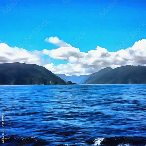 Oil painting. Art print for wall decor. Acrylic artwork. Big size poster. Watercolor drawing. Modern style fine art. Beautiful mountain landscape. Blue bright sky with grey clouds. Azure wild lake.