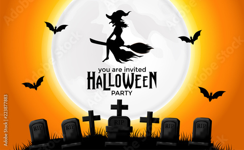 Halloween party invitation template with witch fly at the night with full moon and graveyard