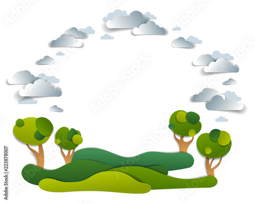 Scenic landscape of meadows and trees, cloudy sky, frame background with copy space,  vector illustration in paper cut. Summer holidays in countryside, travel and tourism.