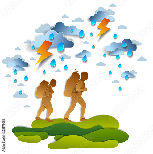 Hikers father and teenager son walking through thunderstorm and rain, motivation, survival, courage test. Vector illustration of stormy weather with hiking guys carrying backpacks.