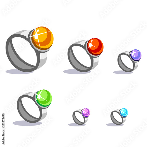 Cartoon vector silver rings with stones in different colors
