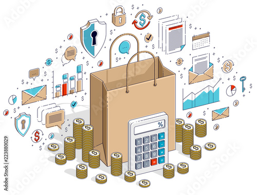 Big Sale concept, Retail, Sellout, Shopping Bag with cash money stacks isolated on white background. Vector 3d isometric business illustration with icons, stats charts and design elements.