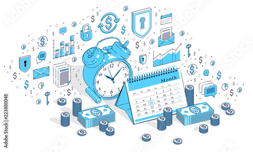 Deadline concept, table Alarm Clock and Calendar with cash money stacks isolated on white background. Vector 3d isometric business illustration with icons, stats charts and design elements.