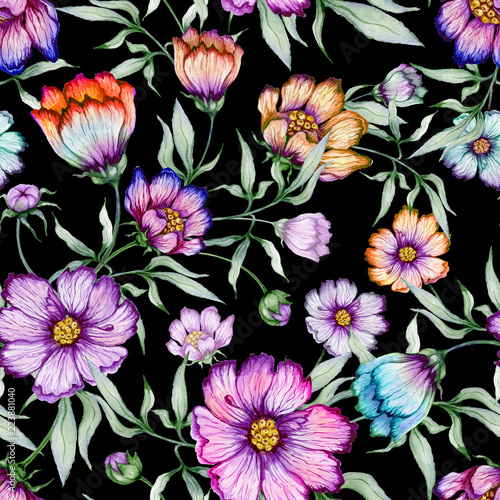 Beautiful colorful cosmos flowers with leaves on black background. Seamless floral pattern. Watercolor painting. Hand painted botanical illustration.