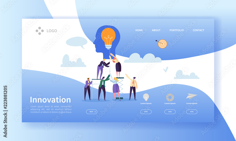 Business Innovation Landing Page Template. Creative Idea Website Layout with Flat People Characters and Light Bulb. Easy to Edit and Customize Mobile Web Site. Vector illustration Business Innovation Landing Page Template. Creative Idea Website Layout with Flat People Characters and Light Bulb. Easy to Edit and Customize Mobile Web Site. Vector illustration