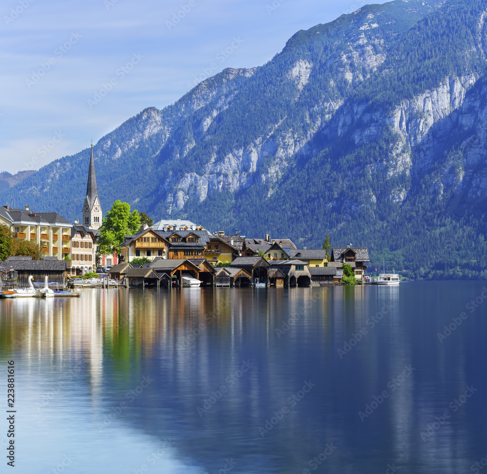 Beautiful view from south of Hallstatt , small village situated on Lake Hallstatt , is known for its production of salt , Austria
