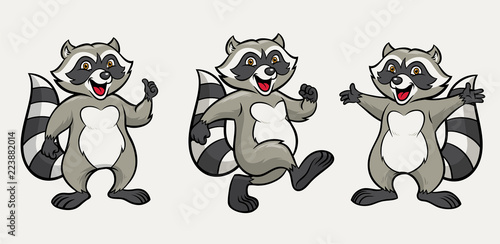 happy raccoon cartoon set