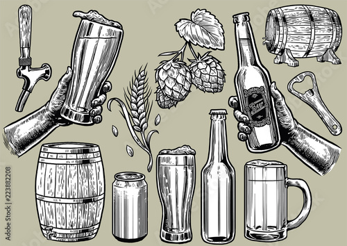 hand drawing of beer objects in set