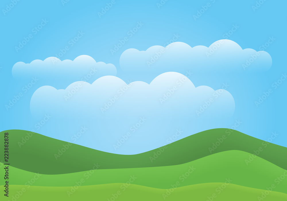 A simple illustration of a mountain landscape with green hills, blue sky and white clouds. With space for text.