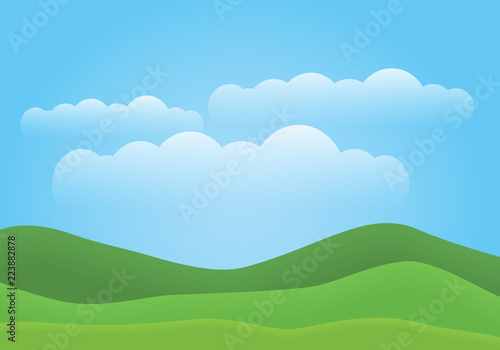 A simple illustration of a mountain landscape with green hills  blue sky and white clouds. With space for text.