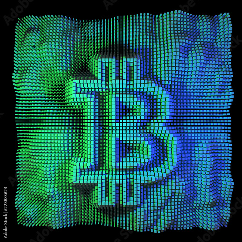 Abstract colorful bitcoin 3d render, green, blue