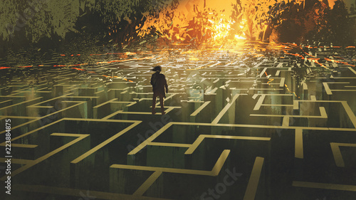 destroyed maze concept showing the man standing in a burnt labyrinth land, digital art style, illustration painting