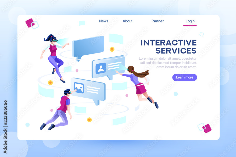 Glasses interface discussion on application, virtual world display interactive futuristic flying infographic. Chat headset talk gadget, future concept with character flat isometric vector illustration
