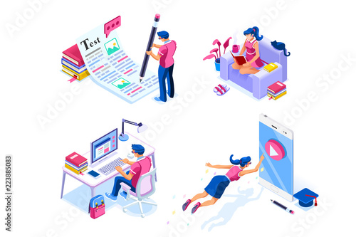 Homework, knowledge or examination writing infographic. Conference at phone, self mobile teaching for digital exam. Concept with character set. Flat isometric icons, Vector illustration.