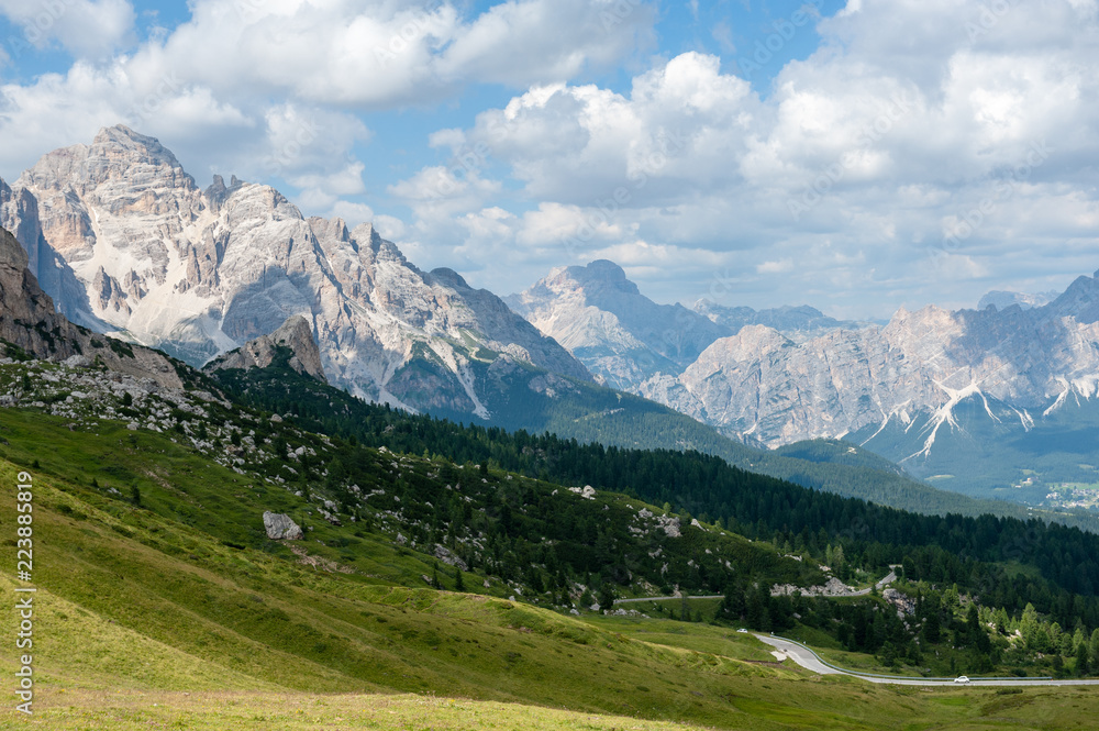 Impression of the Passo di Giau, in landscape orientation, on a summer afternoon.