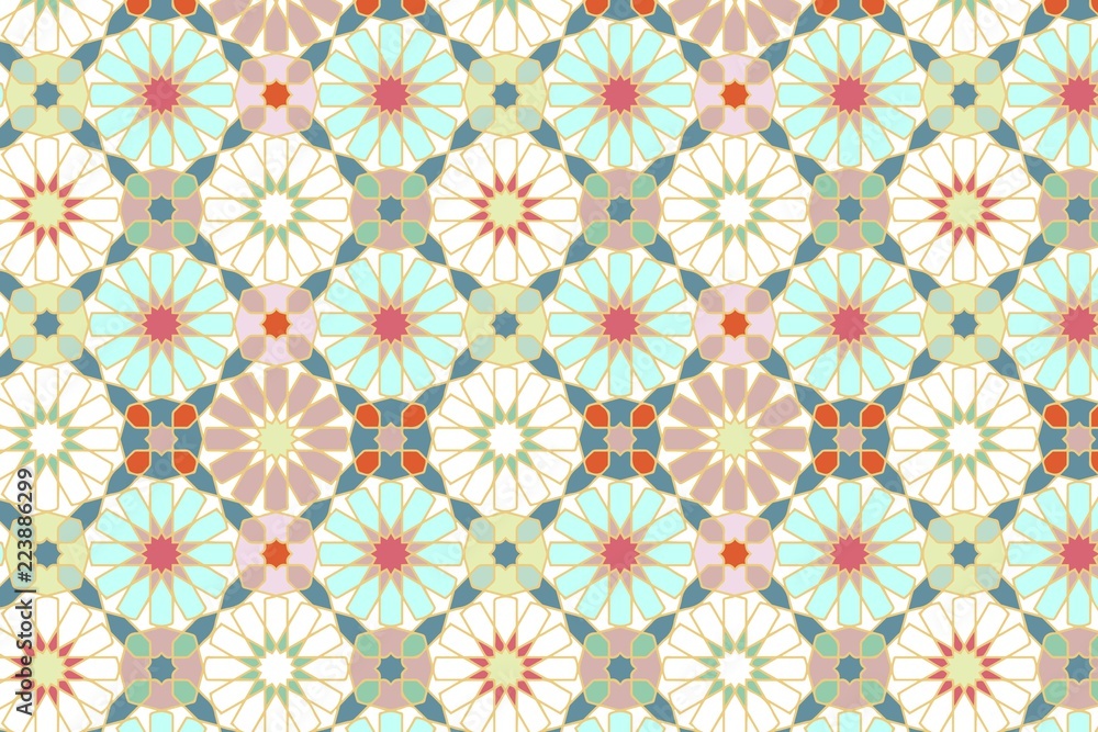 Abstract geometric mosaic pattern, marbled tiles zellij in Moroccan style, textured seamless illustration Abstract geometric mosaic pattern, marbled tiles zellij in Moroccan style, textured seamless illustration