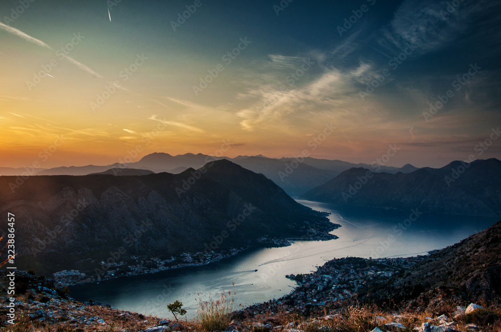 Fototapeta premium Sunset in Boka Kotorska view from Top of Kotor