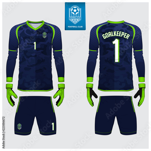 Goalkeeper jersey or soccer kit, long sleeve shirt, goalkeeper glove template design. Blue camouflage gradient sport t-shirt mock up. Front and back view football uniform. Flat football logo. Vector.