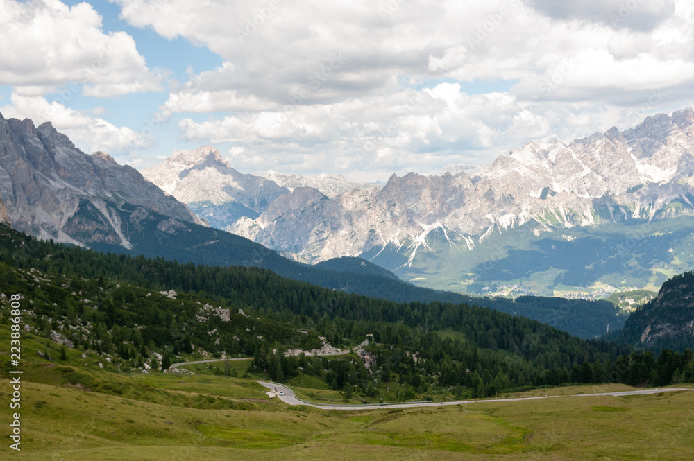 Mountain scene of the Italian Dolomites, near the Giau Pass, on a Summer Afternoon.