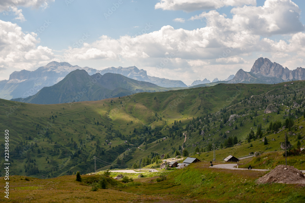 Impression of the Passo di Giau, in landscape orientation, on a summer afternoon.