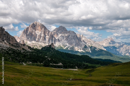 Mountain scene of the Italian Dolomites, near the Giau Pass, on a Summer Afternoon.