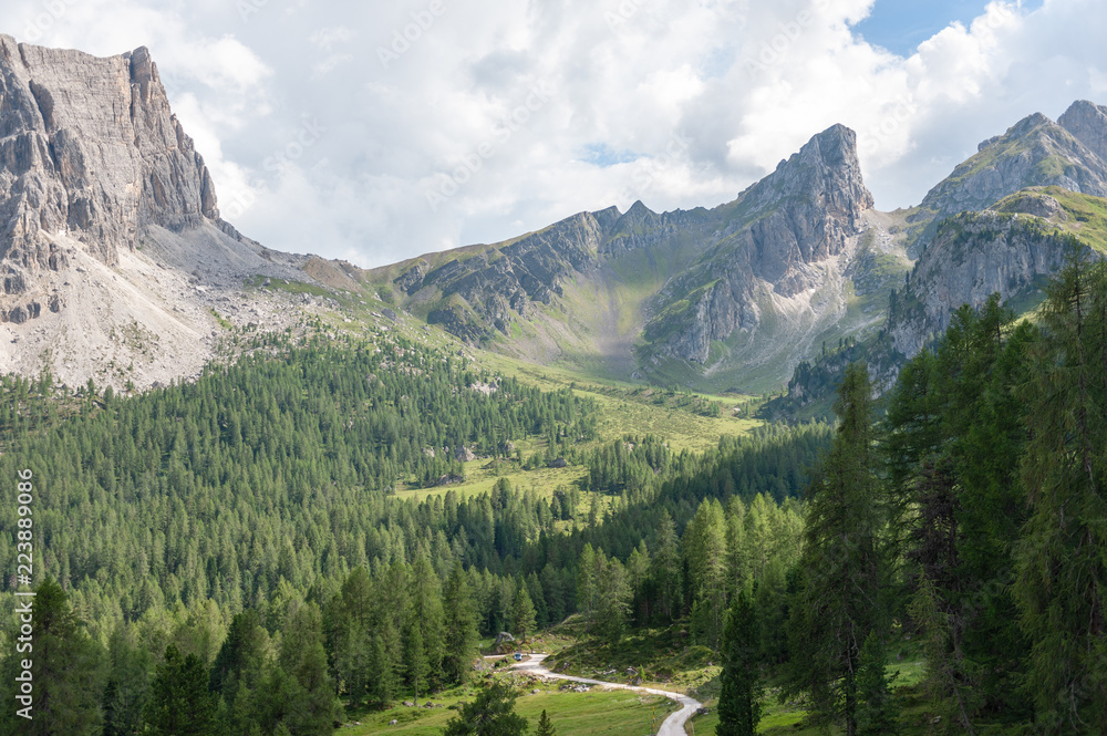 Mountain scene of the Italian Dolomites, near the Giau Pass, on a Summer Afternoon.