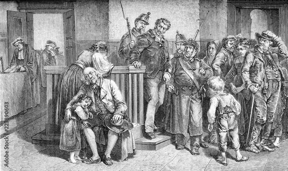 Sentence says guilty, despair of the family, vintage engraving