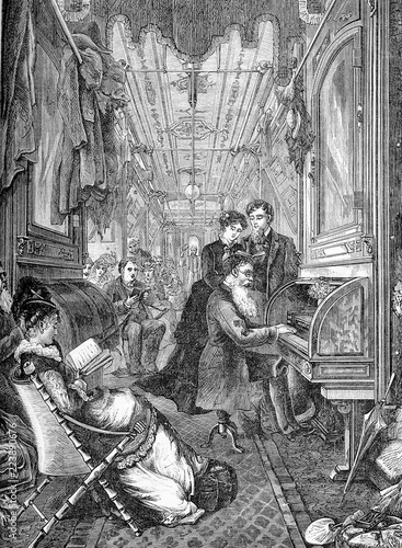 Travelers sing hymns accompanied by a pianist at the Sunday fest on the pacific railways, the transcontinental railroad across the America to the western states, vintage engraving