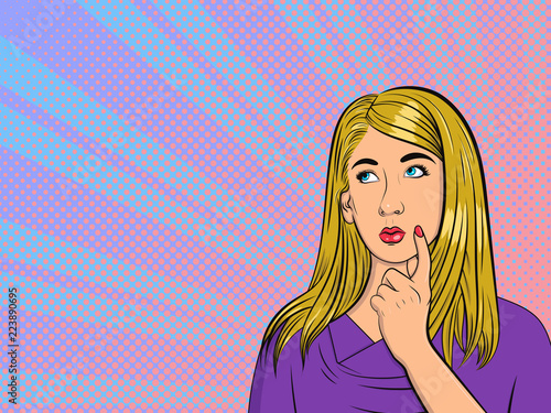 Thoughtful girl. Woman in comic style. Pop Art vintage vector illustration