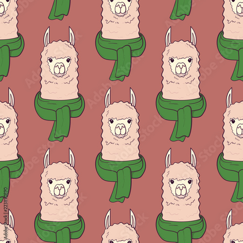 Seamless pattern with cute Lama with scarf. Print for fabric, t-shirt, poster. Vector illustration