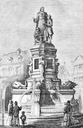 Rouen, France - fountain monument Jean-Baptiste de La Salle at Place Saint-Clément built in 1875, vintage engraving