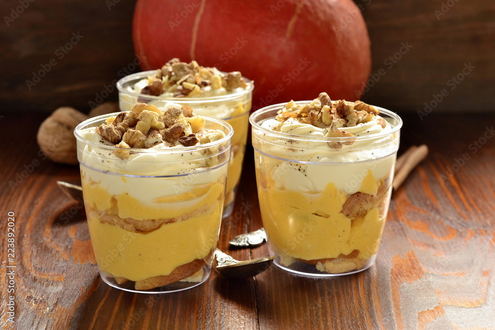 Pumpkin Tiramisu layered dessert with cream Pumpkin Tiramisu layered dessert with cream