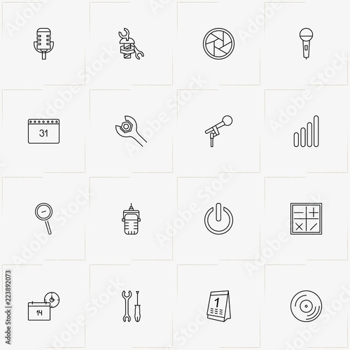 Mobile Interface line icon set with calculator symbols , calendar and photo camera lens