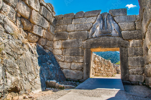 Lion's gate, the main entrance of the citadel of Mycenae. Archaeological site of Mycenae in Peloponnese Greece photo