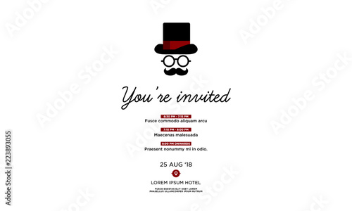 Formal Event Invitation Template With Hat Spectacles and Moustache Flat Vector Illustration Agenda Venue and Date Details