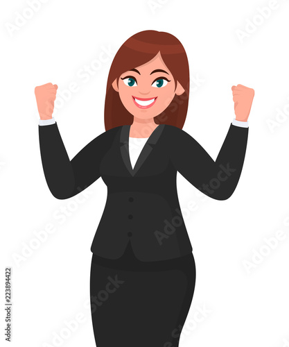 Happy businesswoman showing or raising her fists expressing success gesture. Businesswoman's emotion and body language concept illustration in cartoon style. Business success of winning concept.