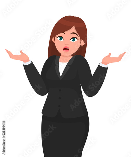 Oops! Sorry! I do not know.  Businesswoman shrugging shoulders spreading hands in do not know gesture.  Businesswoman concept illustration in vector cartoon style.