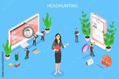 Isometric flat vector concept of headhunting, recruitment, HR manager review, employee search.