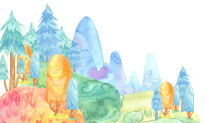 Rollo Babyzimmer Märchenhafter Aquarellwald mit bunten Bergen  ©  OllyKo