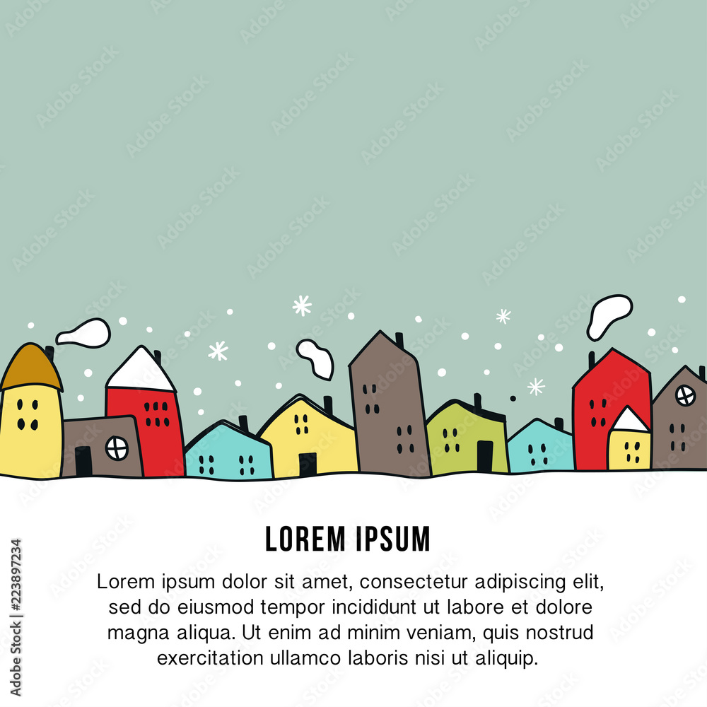 New Year banner template - Hand drawn illustration with different houses and snowy night sky.