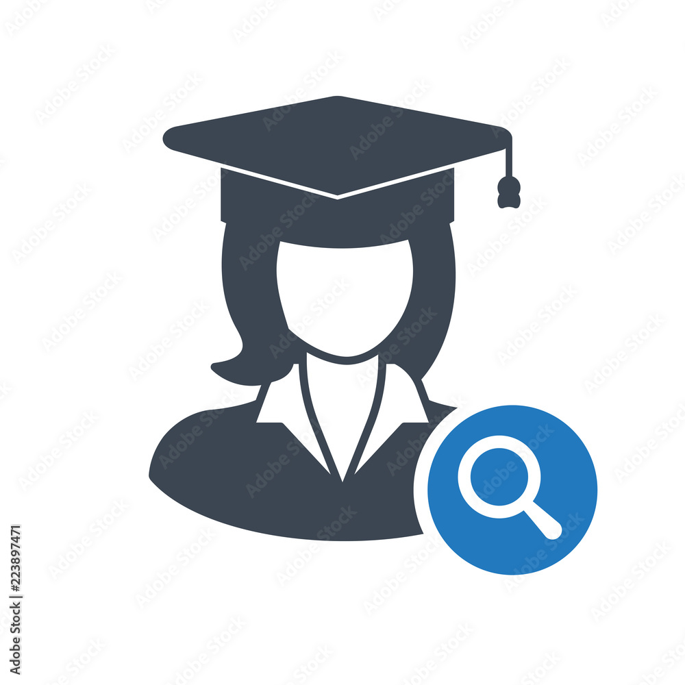 Female Student icon, graduation cap, education concept icon with research sign. Student icon and explore, find, inspect symbol