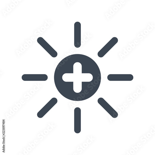 Sun icon, brightness, electric, light concept icon with add sign. Sun icon and new, plus, positive symbol