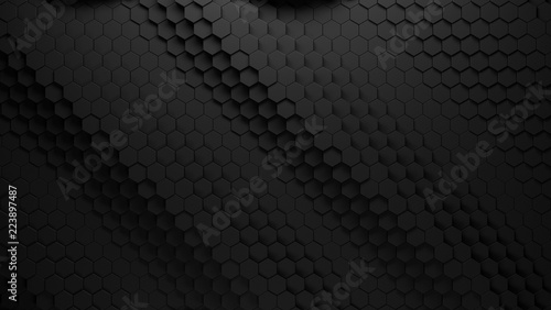 black background of hexagons of different heights, top lighting. Technological backdrop.3d Rendering. © samserius